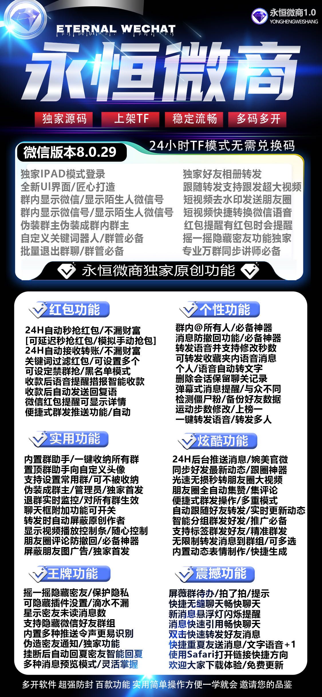 【苹果永恒微商官网下载更新地址激活授权兑换下载码卡密TF视频教程演示安装】苹果ios微信哆开分身一键转发图文大视频兼容最新16系统支持微信群发微信密友语音转发虚拟定位